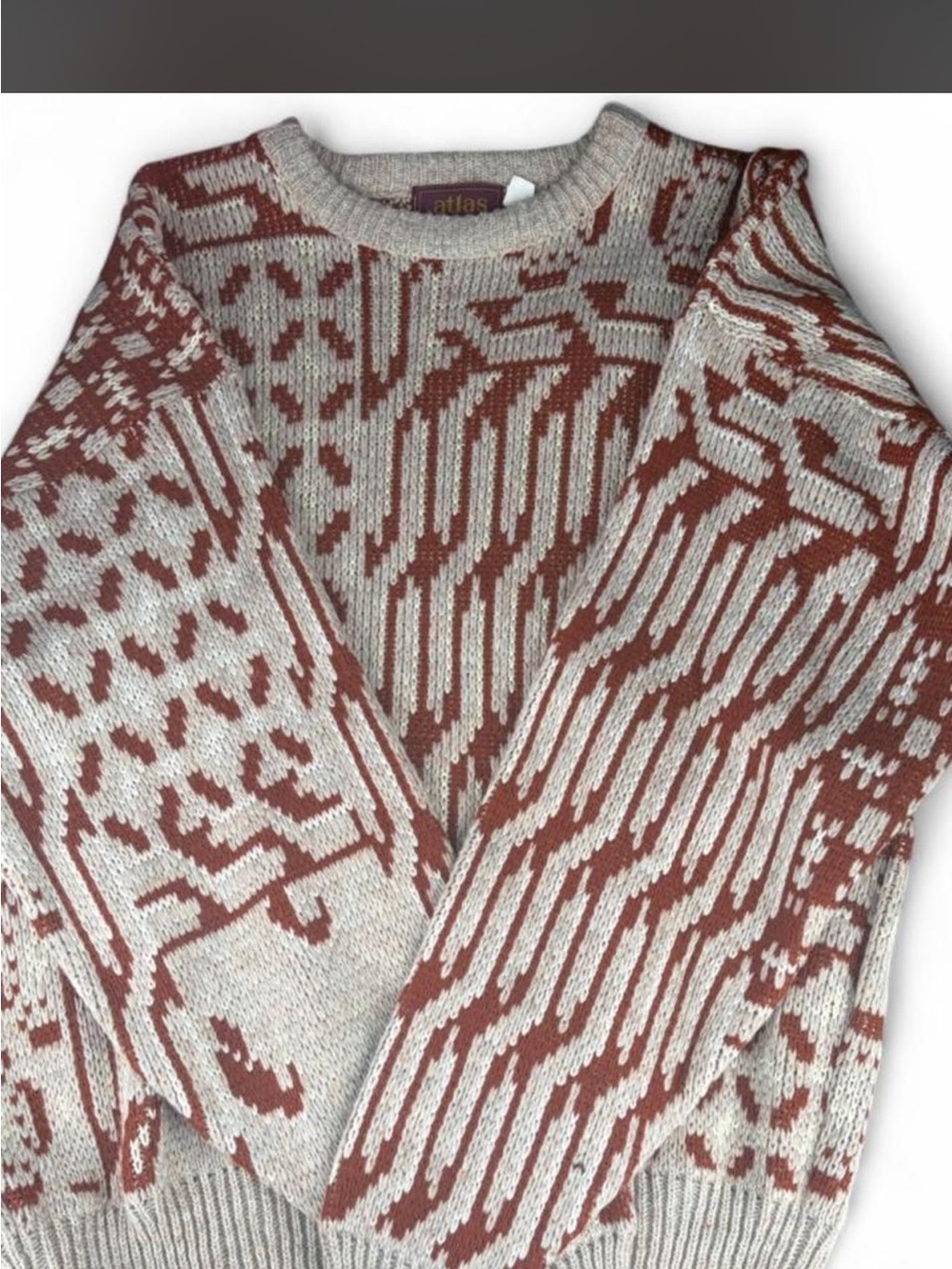 Atlas Geometric Crewneck Sweater in Rust and Cream